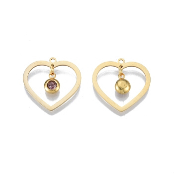 201 Stainless Steel Pendants, with Rhinestone, Heart with Flat Round, Real 18K Gold Plated, Tangerine, 23x24x1mm, Hole: 1.6mm