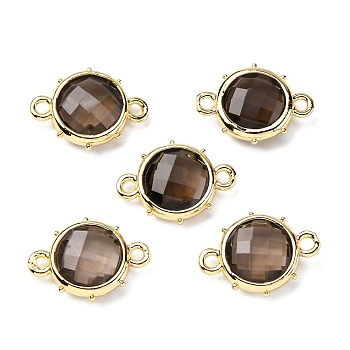 Brass Natural Smoky Quartz Connector Charms, Flat Round, Faceted, Rack Plating, 14.5x10x3.5mm, Hole: 1.4mm