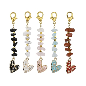 Heart Alloy Enamel Pendant Decorations, Natural & Synthetic Gemstone Chips and Alloy Lobster Claw Clasps Charms, 81mm