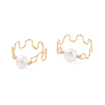 Natural Cultured Freshwater Pearl Bead Rings for Women, Copper Wrapped Wave Ring, Light Gold, US Size 6 1/2(17mm), 6.5mm