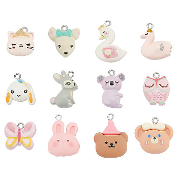 42Pcs 12 Styles Opaque Resin Pendants, Animals Charms with Platinum Tone Iron Loops, Owl & Koala & Rabbit, Mixed Shapes, 15~27x15.5~21.5x5.5~8mm, Hole: 2~2.2mm