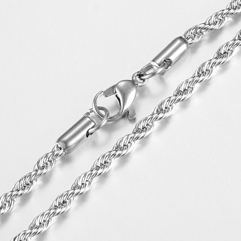 201 Stainless Steel Rope Chain Necklaces, with Lobster Claw Clasps, Stainless Steel Color, 23.6 inch(60cm), 4.0