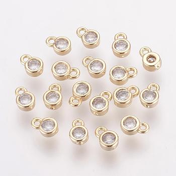 Brass Cubic Zirconia Charms, Flat Round, Golden, 6x4x2mm, Hole: 1mm