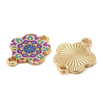Printed Alloy Enamel Connector Charms, Flower Links, Light Gold, Cerise, 14x18x1.5mm, Hole: 1.5mm