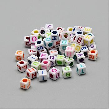 Opaque Acrylic Beads, Horizontal Hole, Cube with Letters, Mixed Color, 5.5~6x5.5~6x5.5~6mm, Hole: 3.5mm, about 3000pcs/500g