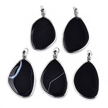 Natural Black Agate Big Pendants, Platinum Tone Iron Edge and Loop, Oval, 75x43x7mm, Hole: 7mm