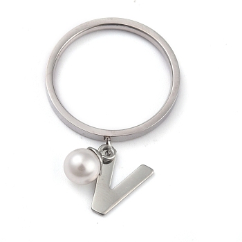 Dual-use Items, 304 Stainless Steel Finger Rings or Pendants, with Plastic Round Beads, Stainless Steel Color, White, Letter.V, US Size 5~9(15.7~18.9mm)
