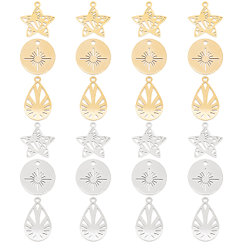 DICOSMETIC 24Pcs 3 Style 201 Stainless Steel Pendants, Laser Cut, Teardrop & Star & Flat Round, Golden & Stainless Steel Color, 15.5~19x11.5~15.5x1mm, hole: 1.4~1.6mm, 8pcs/style