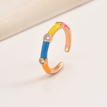 Brass Micro Pave Cubic Zirconia Open Cuff Ring, with Colorful Enamel, Rose Gold, Inner Diameter: 18mm