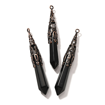 Natural Obsidian Pointed Big Pendants, Faceted Bullet Charms with Brass Findings, Red Copper, Cadmium Free & Lead Free, 77~84x12mm, Hole: 2.5mm