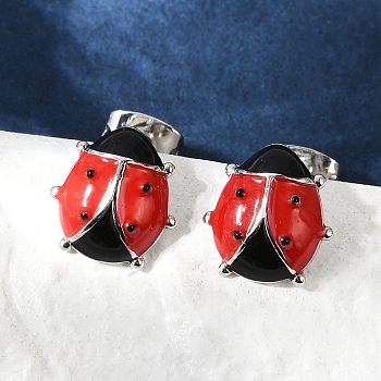 Brass Enamel Stud Earrings for Women, Ladybug, Platinum, 10x9.5mm