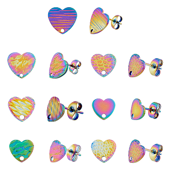 42Pcs 7 Style 304 Stainless Steel Heart Stud Earring Findings, with Ear Nuts and Hole, Rainbow Color, 12x9~13mm, Hole: 1.4~1.5mm, Pin: 0.7mm, 6Pcs/style