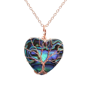 Tree Of Life Wire Wrapped Peach Heart Abalone Shell Shape Stone Pendant Necklaces, Light Gold, 19.69 inch(50cm)