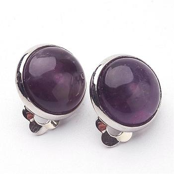 Natural Amethyst Brass Clip-on Earrings, Flat Round, Purple, 14x10mm