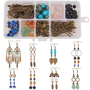 SUNNYCLUE DIY Earring Making, Alloy Linking Rings, Tibetan Style Alloy Pendants, Natural & Synthetic Mixed Gemstone and Brass Earring Hooks, Antique Bronze, 13.5x7x3cm