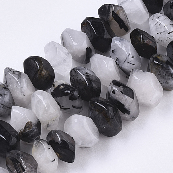 Natural Black Rutilated Quartz Beads Strands, Nuggets, Faceted, 9.5~11x6~7mm, Hole: 1.2mm, about 30~32pcs/strand, 7.48 inch(19cm)