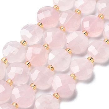 Natural Rose Quartz Beads Strands, Faceted, Flat Round, with Seed Beads, 10x5mm, Hole: 0.5mm, about 32pcs/strand, 15.47''(39.3cm)