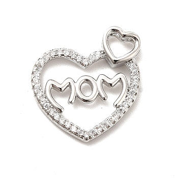 Rack Plating Brass Micro Pave Cubic Zirconia Pendants, Heart with Word MOM Charm for Mother's Day, Long-Lasting Plated, Cadmium Free & Lead Free, Real Platinum Plated, 16x15x3mm, Hole: 3x3.5mm