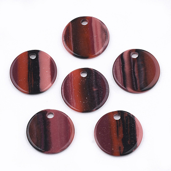 Resin Pendants, Flat Round, Stripe Pattern, Indian Red, 15x1~1.5mm, Hole: 1.8mm