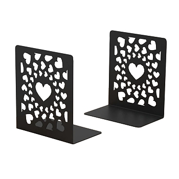 2Pcs Heart Non-Skid Iron Art Bookend Display Stands, Desktop Heavy Duty Metal Book Stopper for Shelves, Black, 130x90x150mm