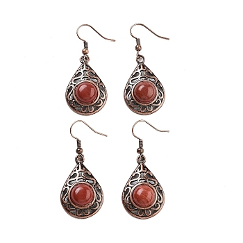 Natural Red Jasper Teardrop Dangle Earrings, Red Copper Plated Hollow Brass Earrings for Women, 46.5x19.5mm