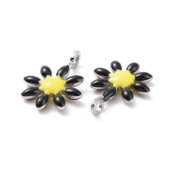 304 Stainless Steel Charms, with Enamel, Stainless Steel Color, Flower, Black, 10x7.5x2mm, Hole: 1mm