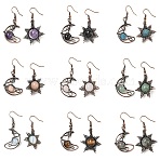 Natural & Synthetic Gemstone Dangle Earrings, with Brass Findings, Moon/Sun, Asymmetrical Earrings, Red Copper, 47~47.5x22.5~27mm(G-H359-07R)