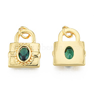 Glass Charms, with Jump Rings and Brass Findings, Real 18K Gold Plated, Nickel Free, Lock, Green, 15x12x3mm, Hole: 3mm(KK-N233-427)