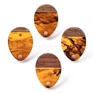 Resin & Walnut Wood Stud Earring Findings, with 304 Stainless Steel Pin, Teardrop, Chocolate, 17x13mm, Hole: 1.8mm, Pin: 0.7mm(MAK-N032-006A-G01)
