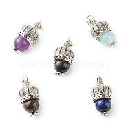 Natural & Synthetic Gemstone Pendants, with Brass Micro Pave Cubic Zirconia Beads, 304 Stainless Steel Snap On Bails, Ball Head Pins & Beads Caps, Crown with Round, 27x13.5mm, Hole: 3x5mm(PALLOY-JF01006)