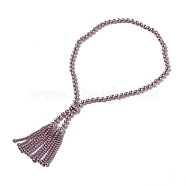 (Jewelry Parties Factory Sale)Electroplated Shell Beaded Tassel Necklaces, with Brass Micro Pave Cubic Zirconia Beads and Clasp, Round, Purple, 28.3 inch(72cm)(NJEW-G329-03C)