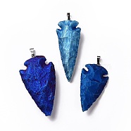 Electroplated Quartz Crystal Pendants, with Brass Finding, Gunmetal, Arrowhead, Blue Plated, 50~70x24~38x6~11mm, Hole: 5x8mm(G-G906-L-24A)