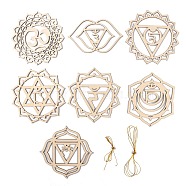 7 Chakra Theme Unfinished Wooden Pendant Decorations, with Ropes, for Wall Decoration, Meditation, BurlyWood, Pendant: 9.2~15x13~15.2x0.25cm, Hole: 1.5~3.5mm, 7pcs(AJEW-WH0329-49)