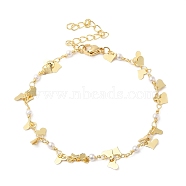 Brass Heart & ABS Plastic Pearl Beaded Link Chain Bracelets for Women, Real 24K Gold Plated, 7-1/8 inch(18.2cm)(BJEW-G672-07G)