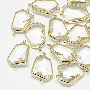 Glass Links connectors, with Golden Tone Brass Findings, Faceted, Polygon, Clear, 25.5x17x6.5mm, Hole: 1mm(GLAA-Q068-06)