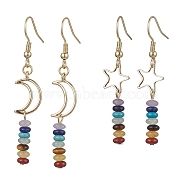 2 Pairs 2 Style Moon & Star 304 Stainless Steel Dangle Earrings Set, Natural & Synthetic Mixed Gemstone Beaded Drop Earrings, Golden, 47~55x10~11mm, 1 Pair/style(EJEW-JE05673)