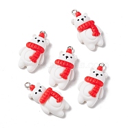 Christmas Theme Opaque Resin Pendants, with Platinum Tone Iron Findings, Bear with Red Scarf, White, 31.5x16.5x8mm, Hole: 2mm(FIND-E025-20)