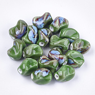 Handmade Porcelain Beads, Fancy Antique Glazed Porcelain, Twist, Green, 21x15x16.5mm, Hole: 3mm(X-PORC-S498-03D)