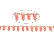 3.28 Feet Handmade Glass Beaded Chains, Soldered, with Golden Tone Brass Findings, Long-Lasting Plated, Coral, 2x1mm(X-CHC-I006-16G)
