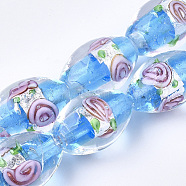 Handmade Silver Foil Glass Lampwork Beads, Oval with Flower, Deep Sky Blue, 16~17x9~11mm, Hole: 1.5~2mm(X-LAMP-Q030-02I)