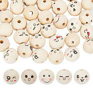 60Pcs 6 Styles Unfinished Natural Wood Printed Beads, Round with Smiling Face, Floral White, 20x17.5mm, Hole: 4.5mm, 10pcs/style(WOOD-GL0001-13A)