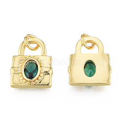 Glass Charms, with Jump Rings and Brass Findings, Real 18K Gold Plated, Nickel Free, Lock, Green, 15x12x3mm, Hole: 3mm(KK-N233-427)