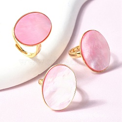 Oval Dyed Natural Shell Rings, Brass Jewelry for Women, Golden, Inner Diameter: 18mm, Oval: 26x19.5mm(KK-P305-12G)