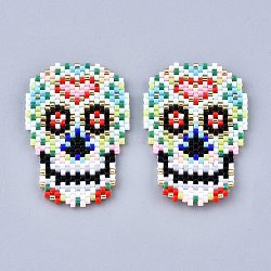 Handmade Seed Beads Pendants, with Elastic Thread, Loom Pattern, Sugar Skull, For Mexico Holiday Day of The Dead, Colorful, 40x28x1.5mm(SEED-I012-47)