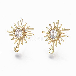 Brass Micro Clear Cubic Zirconia Stud Earring Findings, with Loop, Nickel Free, Sun, Real 18K Gold Plated, 14.5x12.5mm, Hole: 1mm, Pin: 0.7mm(X-KK-R132-064-NF)