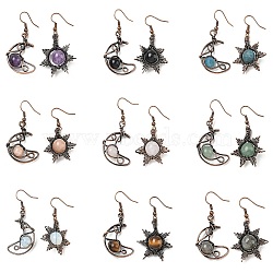 Natural & Synthetic Gemstone Dangle Earrings, with Brass Findings, Moon/Sun, Asymmetrical Earrings, Red Copper, 47~47.5x22.5~27mm(G-H359-07R)
