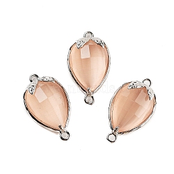 Cat Eye Faceted Teardrop Connector Charms, Brass Strawberry Links, Platinum, PeachPuff, 20x11.5x5mm, Hole: 1.2mm(G-B081-02P-02)