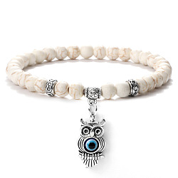 Fashion Synthetic Turquoise Beaded Stretch Bracelets, Owl with Evil Eye Charms Bracelets for Women(OX9130-3)