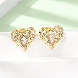Brass Micro Pave Clear Cubic Zirconia Stud Earrings, Heart, Golden, 19.5x20.5mm(KK-CBA5B62-04G)