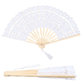 Lace Hand Fan, Bamboo Tassel Decorative Folding Fans, for Party Dancing Decoration, White, 380x27x61mm
